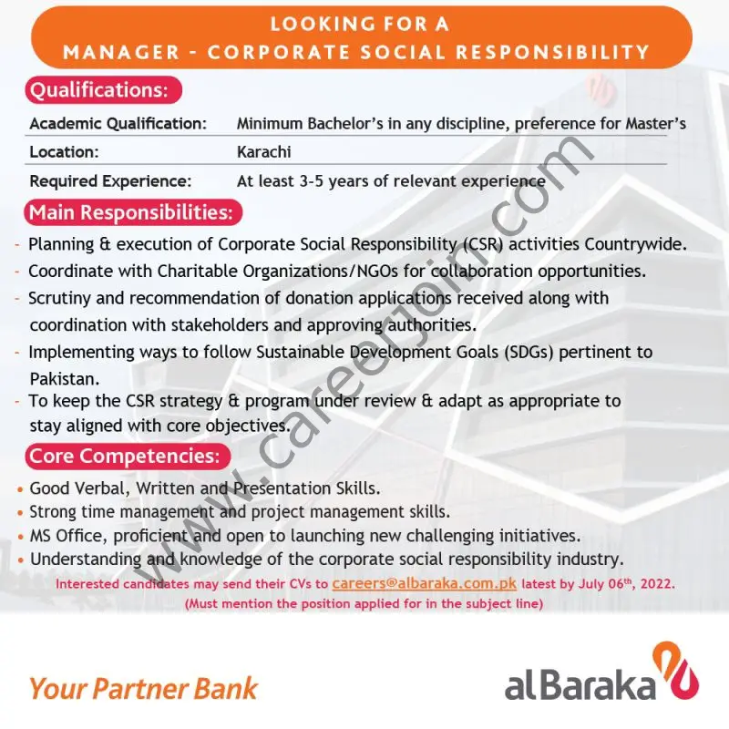 Al Baraka Bank Pakistan Limited Jobs Manager Corporate Social Responsibility 01