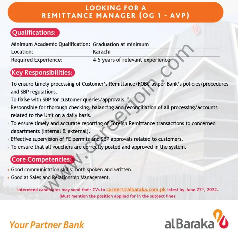 Al Baraka Bank Pakistan Limited Jobs Remittance Manager 01