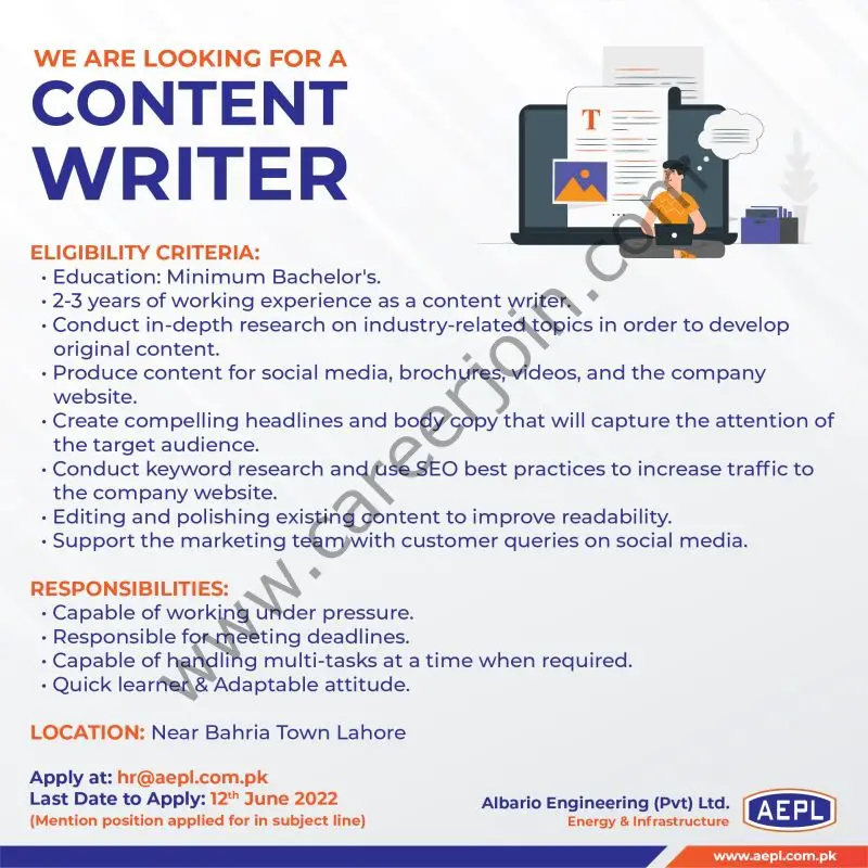 Albario Engineering Pvt Ltd AEPL Jobs Content Writer 01