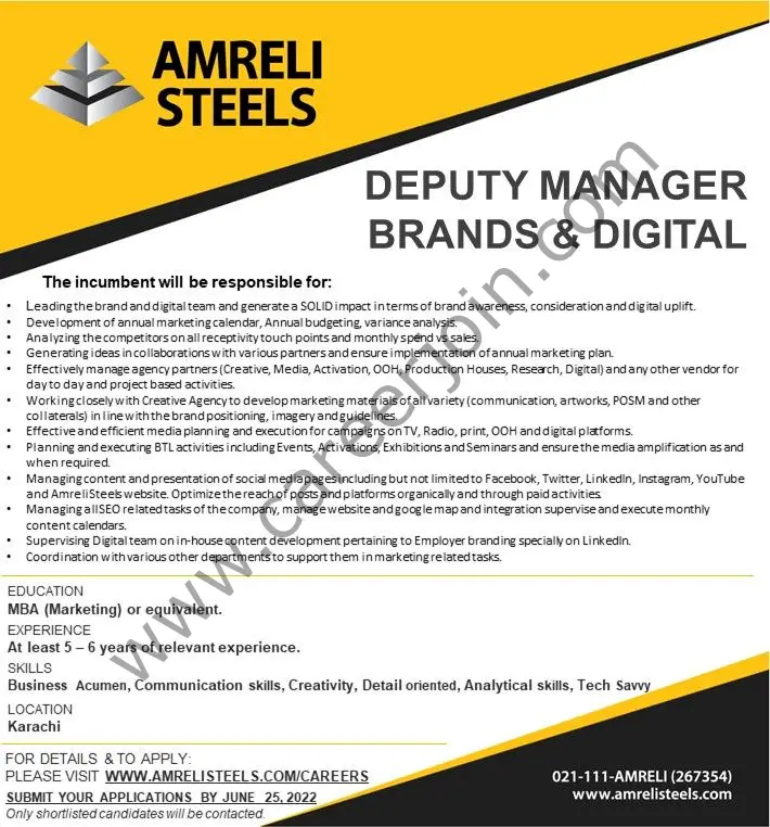 Amreli Steels Jobs Deputy Manager Brands & Digital 01