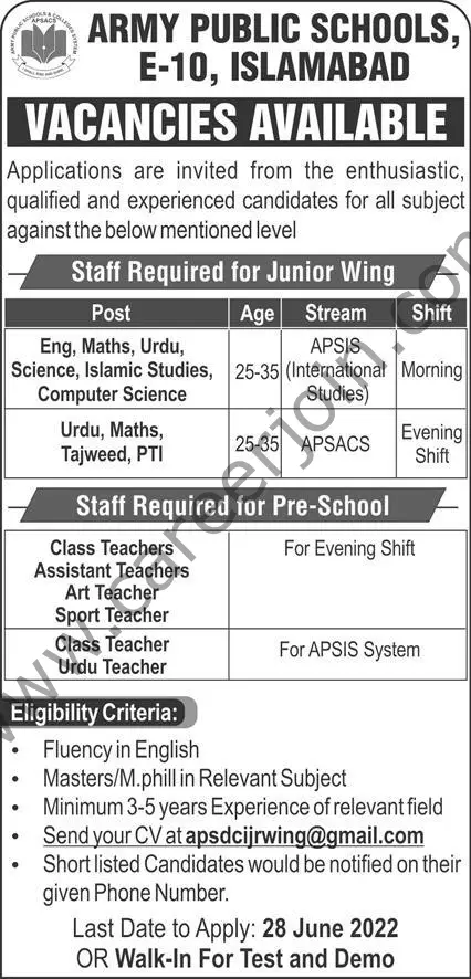 Army Public Schools E-10 Islamabad Jobs 25 June 2022 Express 1