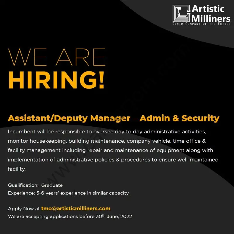 Artistic Milliners Pvt Ltd Jobs Assistant / Deputy Manager Admin & Security 01