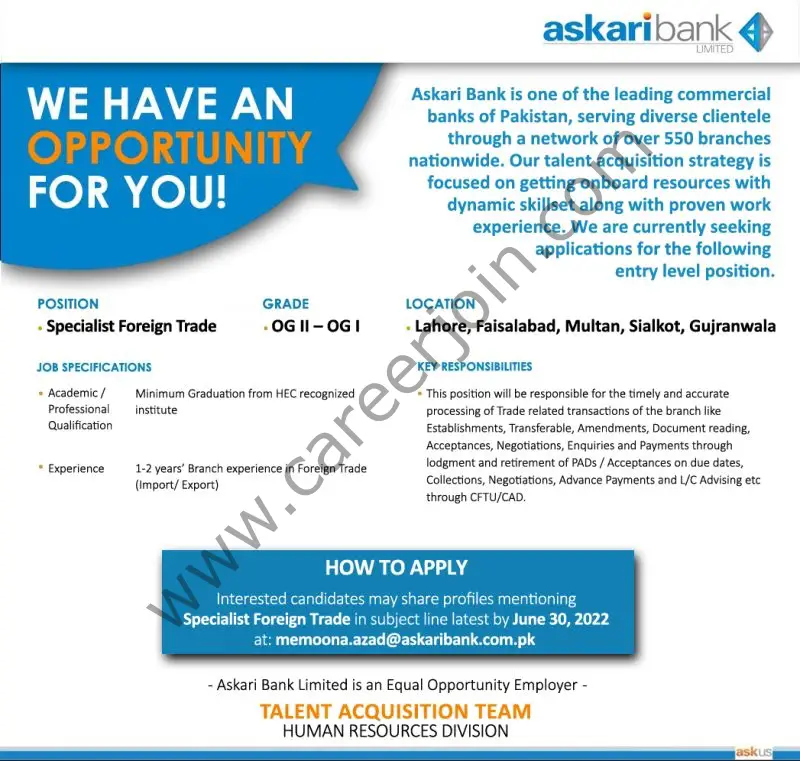 Askari Bank Limited Jobs Specialist Foreign Trade 01