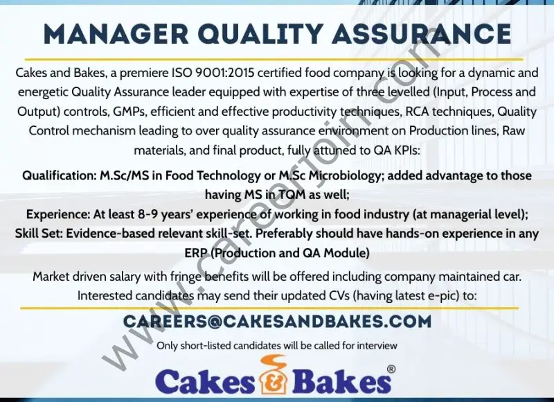 Cakes & Bakes Pakistan Jobs Manager Quality Assurance 01