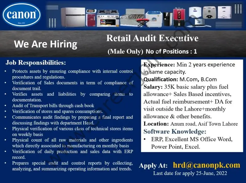 Canon Home Appliances Jobs Retail Audit Executive 01
