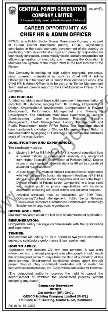 Central Power Generation Company Ltd CPGCL Jobs Chief HR & Admin Officer 1