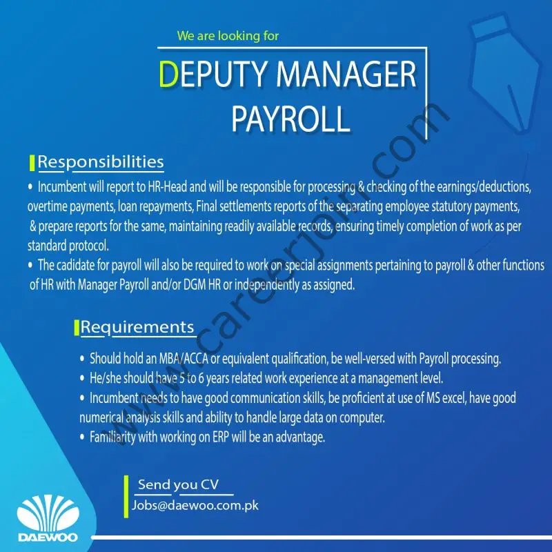 Daewoo Pakistan Jobs Deputy Manager Payroll 01
