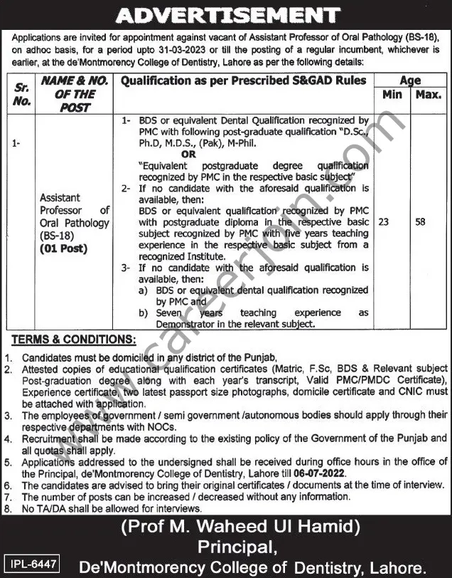 De'Montmorency College of Dentistry Lahore Jobs 20 June 2022 Express Tribune 01
