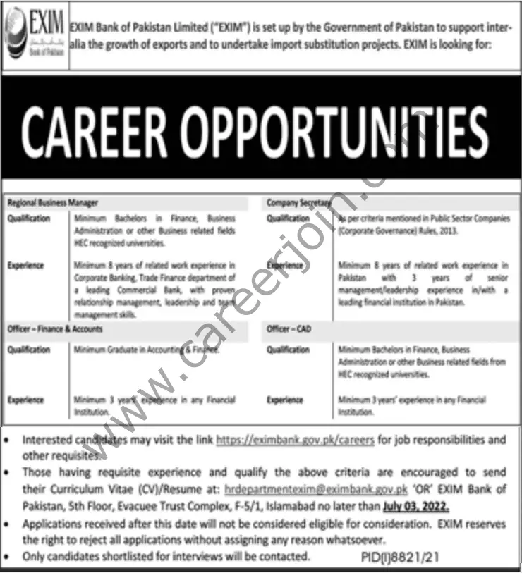 EXIM Bank Of Pakistan Ltd Jobs 19 June 2022 Jang 1