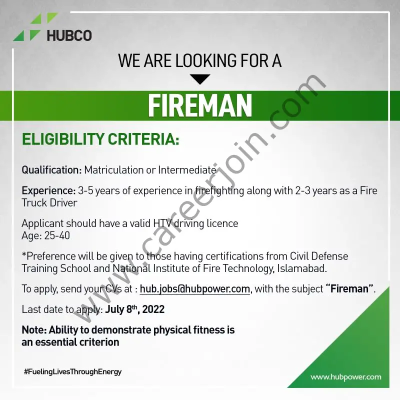 The HUB Power Company Limited HUBCO Jobs Fireman 01