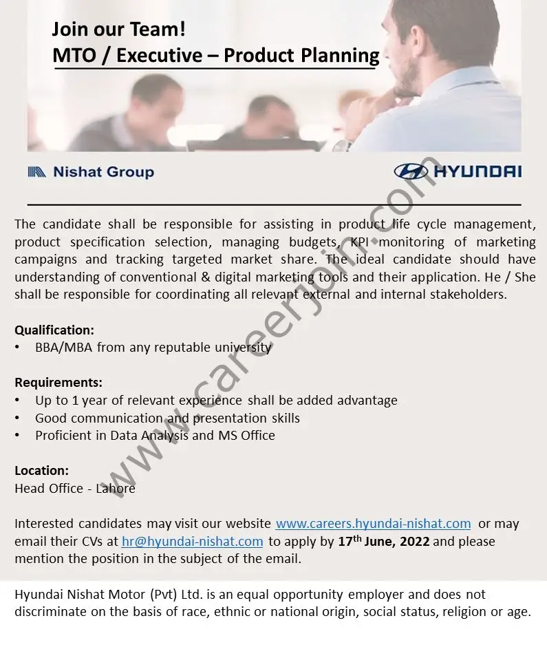 Hyundai Nishat Motor Pvt Ltd Jobs MTO / Executive Product Planning 01