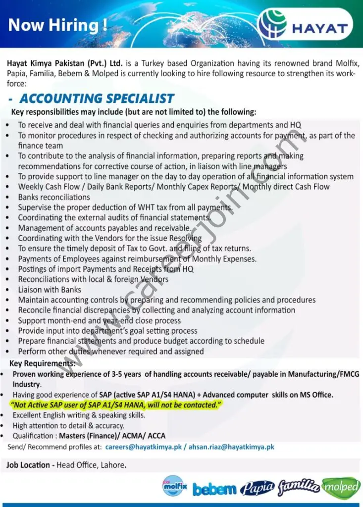 Hayat Kimya Pakistan Pvt Ltd Jobs Accounting Specialist 01