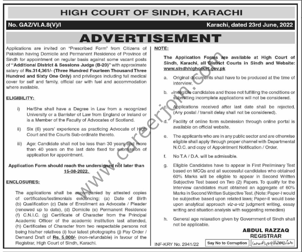 High Court of Sindh Karachi Jobs 30 June 2022 Dawn 1