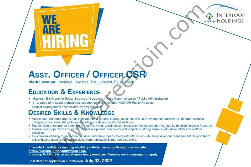 Interloop Holdings Jobs Assistant Officer / Officer CSR 01