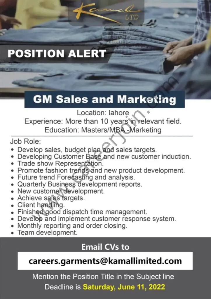Kamal Limited Jobs GM Sales & Marketing 01