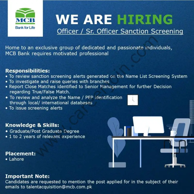 MCB Bank Limited Jobs Officer / Senior Officer Sanction Screening 01