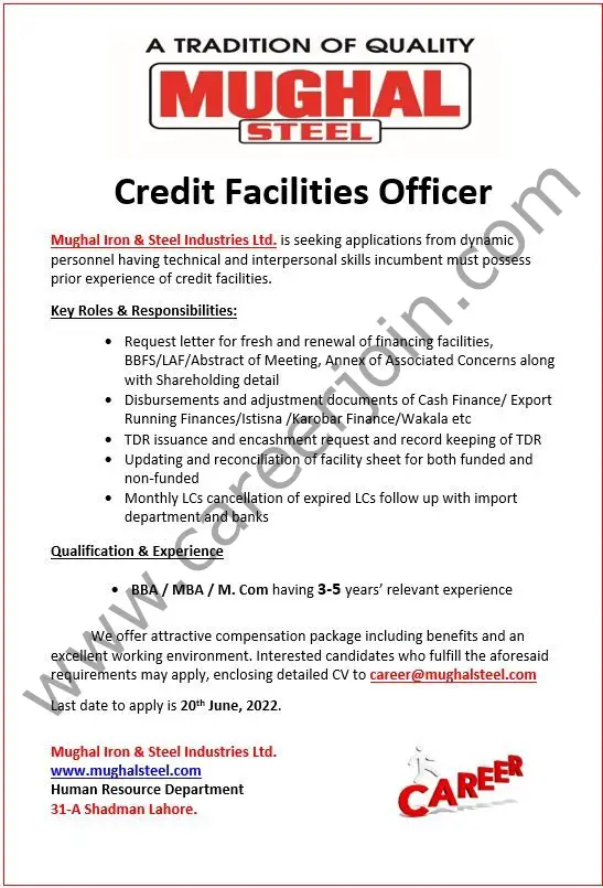 Mughal Iron & Steel Industries Limited MISIL Jobs Credit Facilities Officer 01