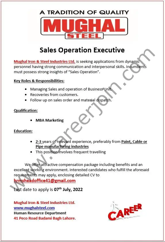 Mughal Iron & Steel Industries Limited MISIL Jobs Sales Operation Executive 01
