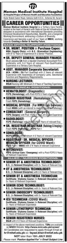 Memon Medical Institute Hospital Jobs 26 June 2022 Dawn 1