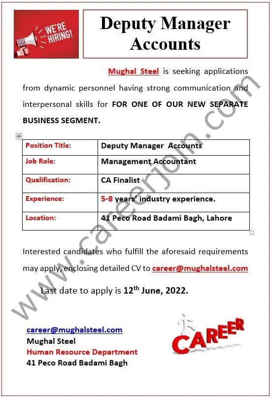 Mughal Iron & Steel Industries Limited MISIL Jobs Deputy Manager Accounts 01