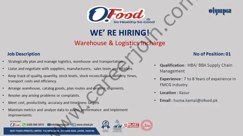 O Foods Pvt Ltd Jobs Warehouse & Logistics Incharge 01