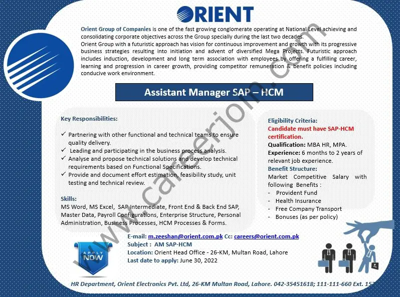 Orient Group Of Companies Jobs Assistant Manager SAP-HCM 01