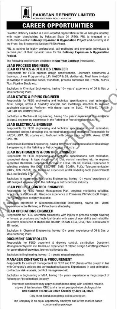 Pakistan Refinery Ltd PRL Jobs 26 June 2022 Dawn1