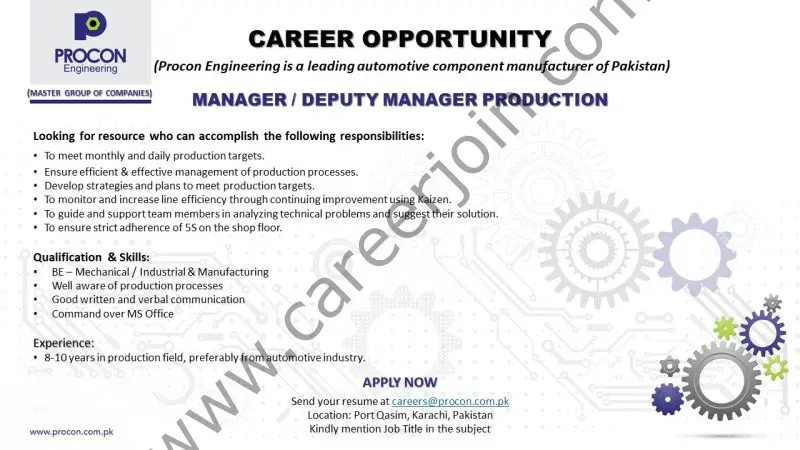 Procon Engineering Pvt Ltd Jobs Manager / Deputy Manager Production 01