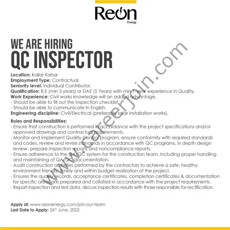 Reon Energy Limited Jobs QC Inspector 01