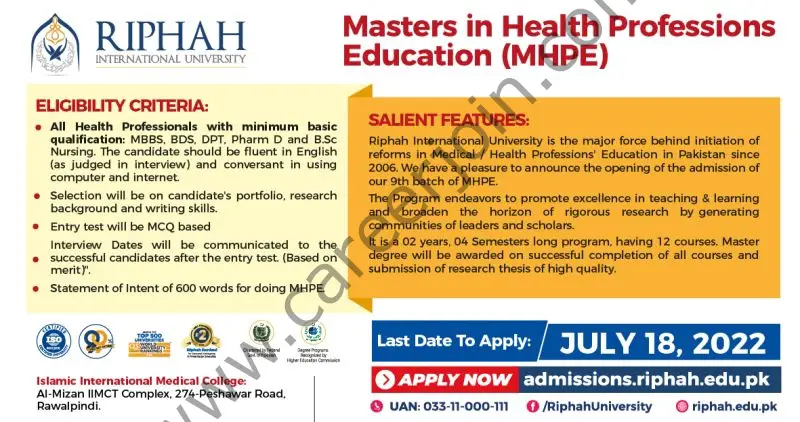 Riphah International University Jobs Masters in Health Professions Education (MHPE) 01
