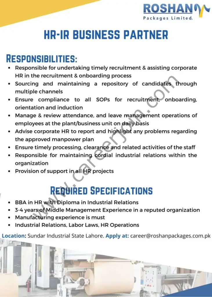 Roshan Packages Pvt Ltd Jobs HR-IR Business Partner 01