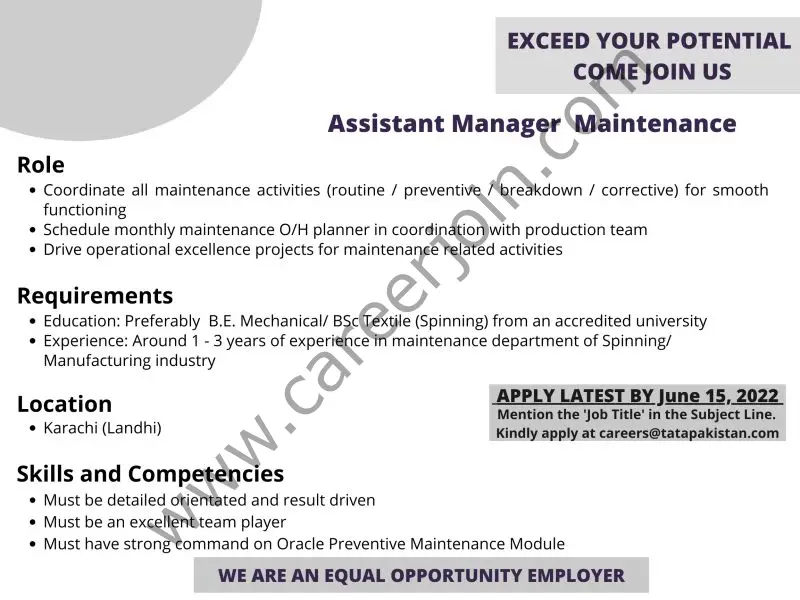 Tata Pakistan Jobs Assistant Manager Maintenance 01