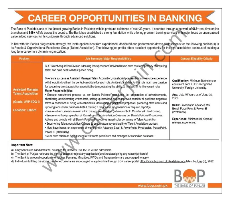 The Bank Of Punjab BOP Jobs Assistant Manager Talent Acquisition 01