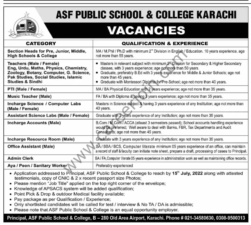 ASF Public School & College Karachi Jobs 03 July 2022 Dawn 1