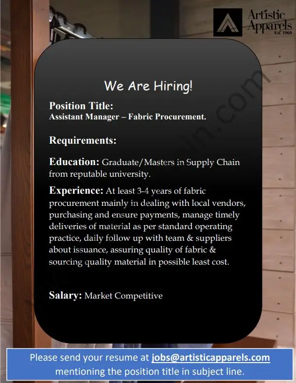Artistic Apparel Pvt Ltd Jobs Assistant Manager Fabric Procurement 01