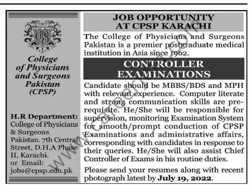 College of Physicians & Surgeons Pakistan CPSP Jobs 03 July 2022 Dawn 1