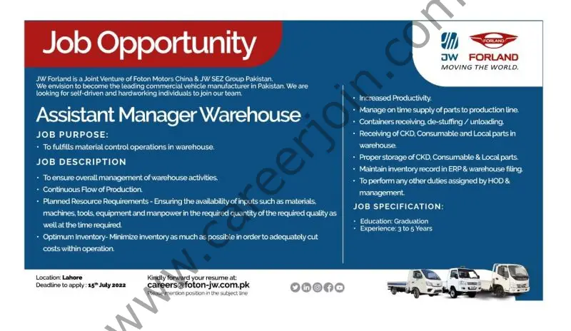 Foton JW AutoPark Pvt Ltd Jobs Assistant Manager Warehouse 01