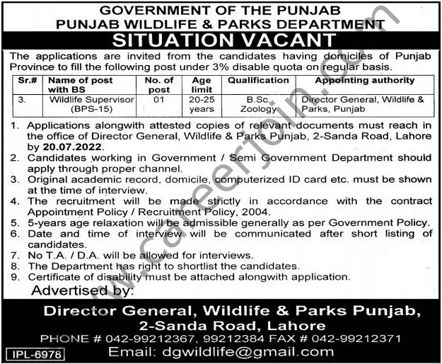 Government of The Punjab Punjab Wildlife & Parks Dept Jobs Wildlife Supervisor 01