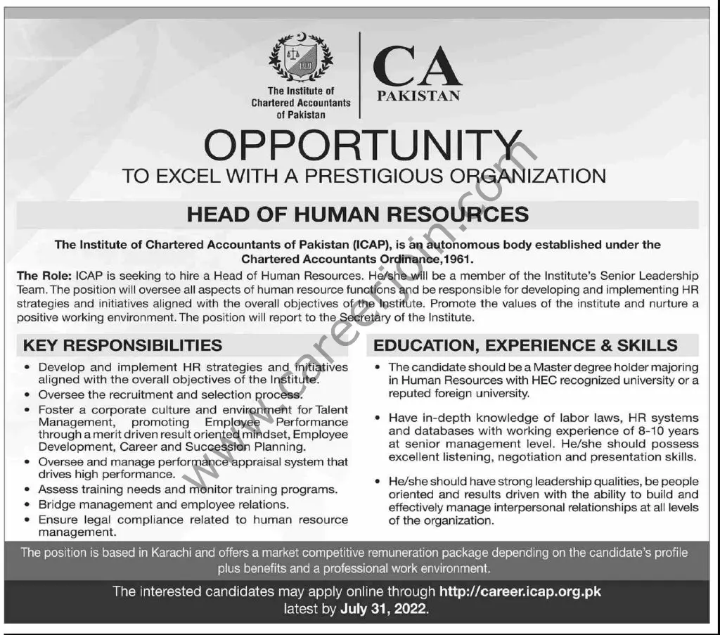 Institute of Chartered Accountants of Pakistan ICAP Jobs 17 July 2022 Dawn 22