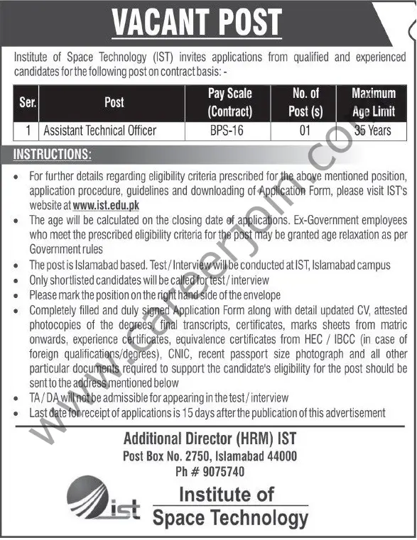 Institute of Space Technology IST Jobs Assistant Technical Officer 01