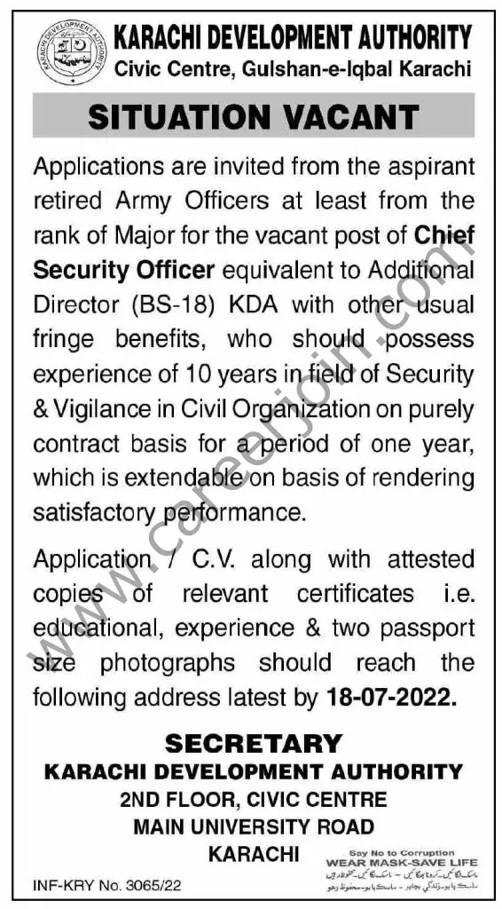Karachi Development Authority KDA Jobs Chief Security Officer 01