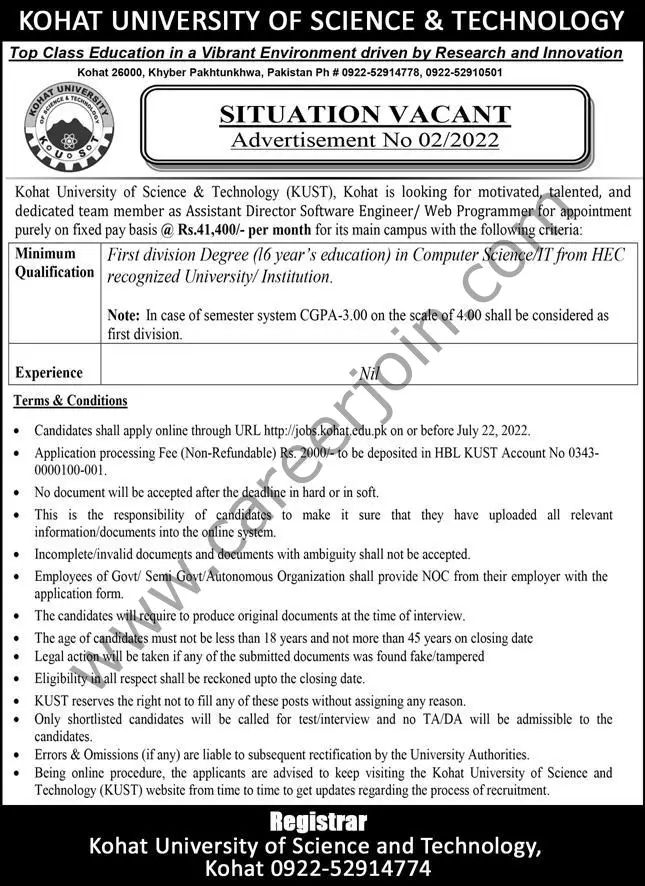 Kohat University of Science & Technology KUST Jobs Assistant Director Software Engineer 01