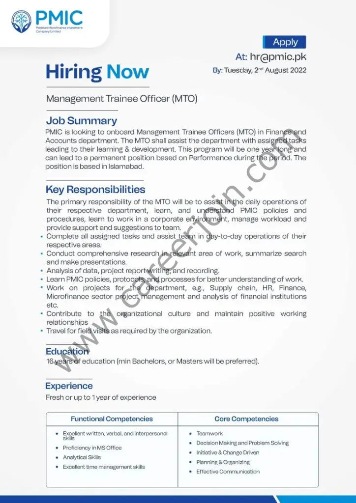 Pakistan Microfinance Investment Company Limited PMIC Jobs Management Trainee Officer MTO 01