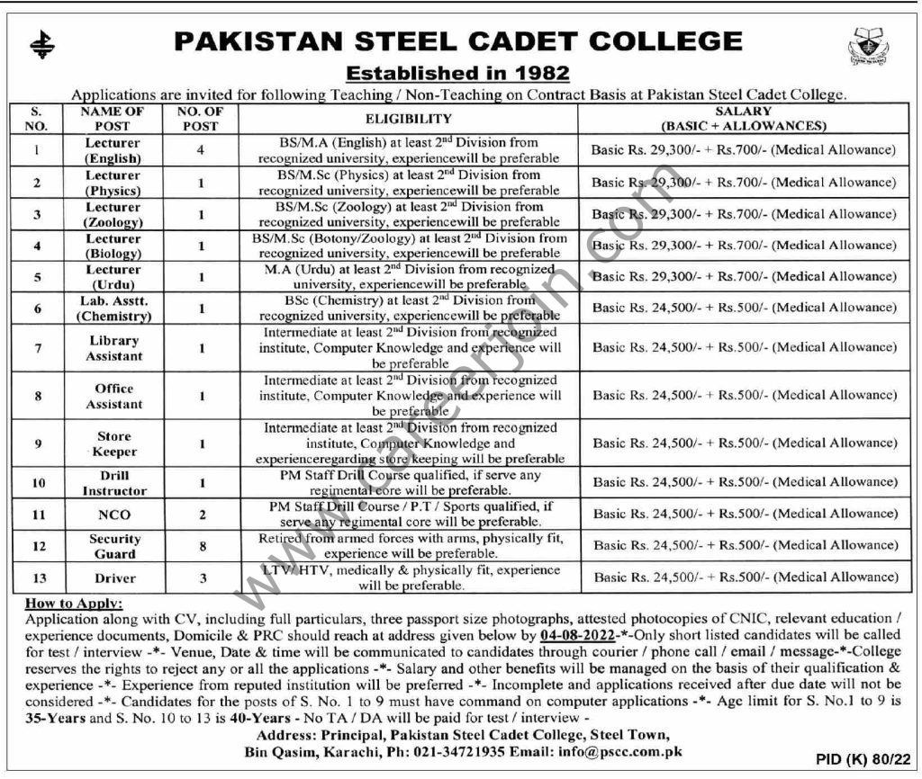 Pakistan Steel Cadet College Jobs 17 July 2022 Dawn 33
