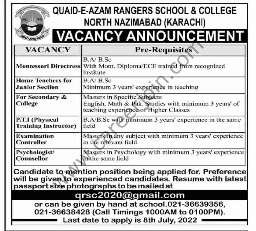 Quaid e Azam Rangers School & College Karachi Jobs 03 July 2022 Dawn 1