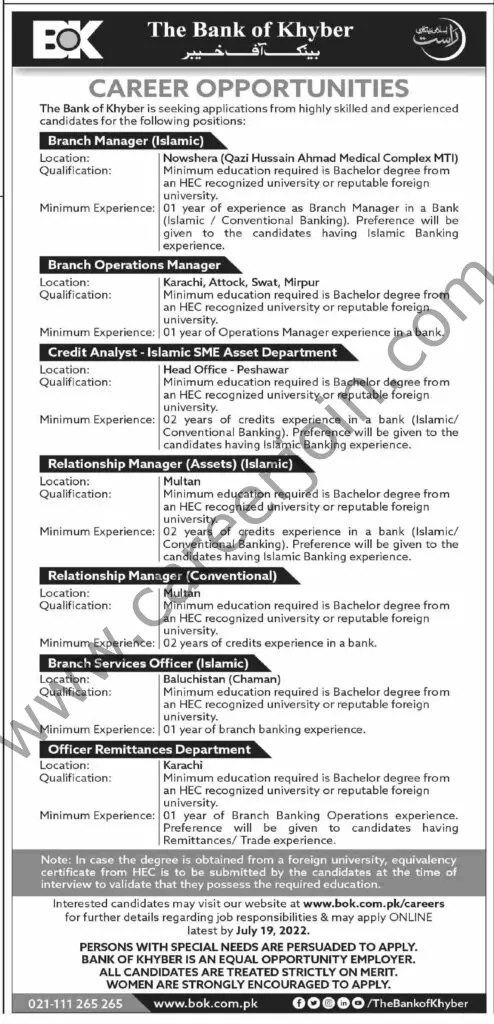 The Bank Of Khyber BOK Jobs July 2022 01