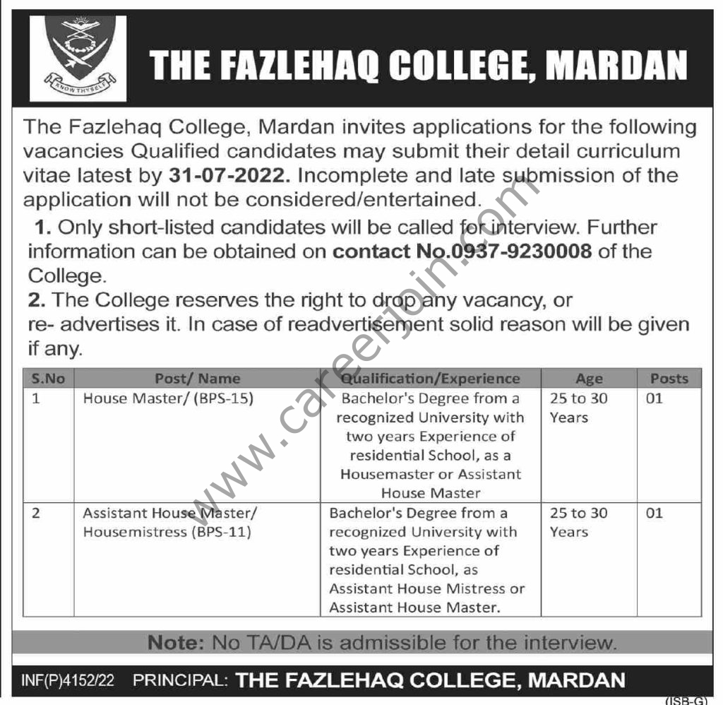 The Fazlehaq College Mardan Jobs 19 July 2022 Dawn1