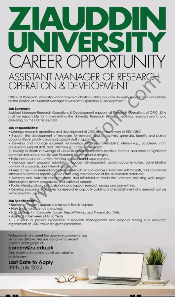 Ziauddin University Jobs Assistant Manager 01