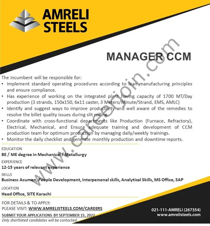 Amreli Steels Jobs Manager CCM 01