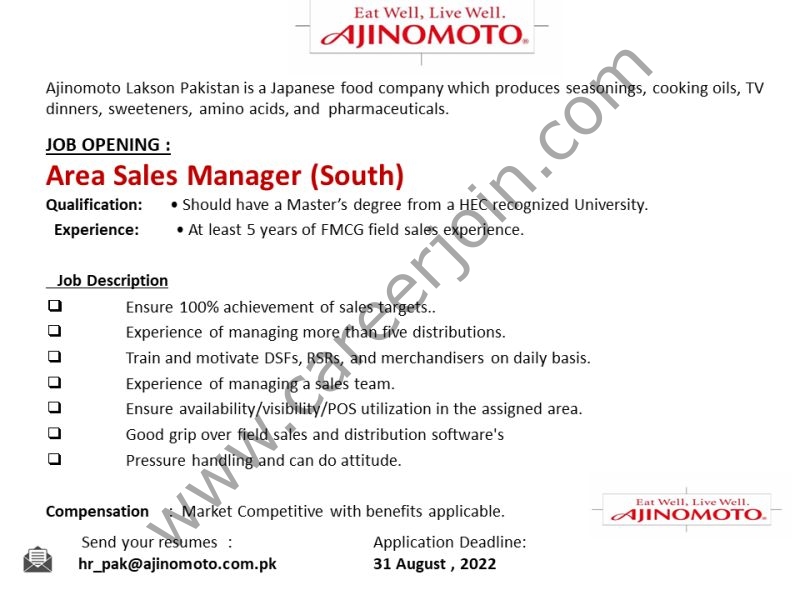 Ajinomoto Lakson Pakistan Jobs Area Sales Manager 01